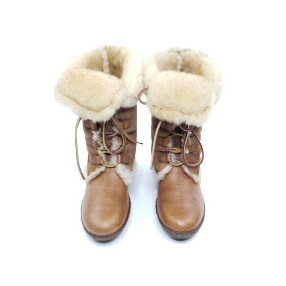 Born Nome Women’s Vintage Shearling Wedge Boots Tan Leather Size EUR 36.5 US 6